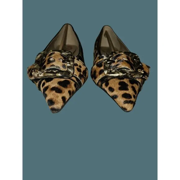 Sam Edelman Sonja Brown Leopard  Dyed Cow Hair Pointed Toe Buckle Flat Shoes 7M