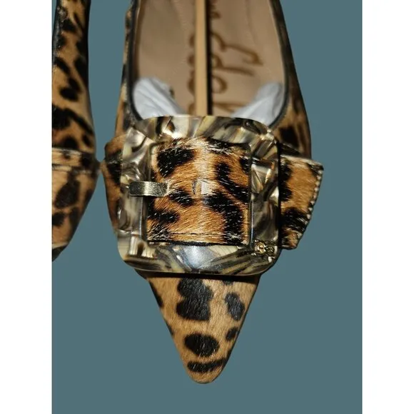 Sam Edelman Sonja Brown Leopard  Dyed Cow Hair Pointed Toe Buckle Flat Shoes 7M