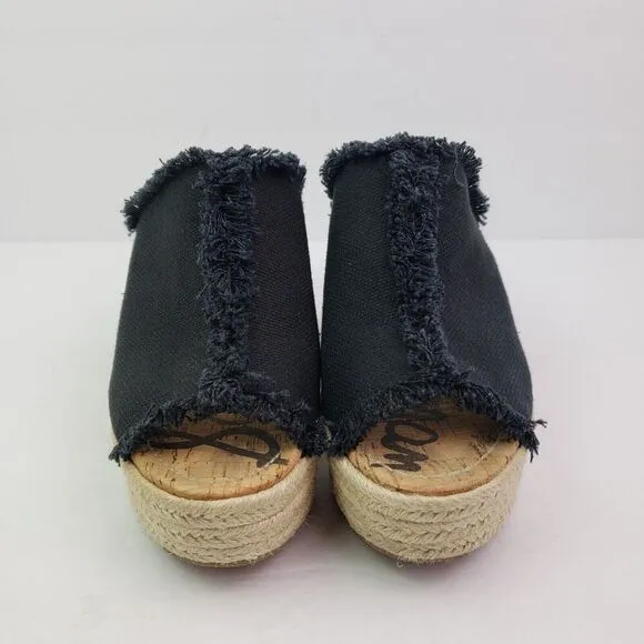 Sam Edelman Womens Size 7.5 Black Canvas Wedge Espadrille Sandals Shoes