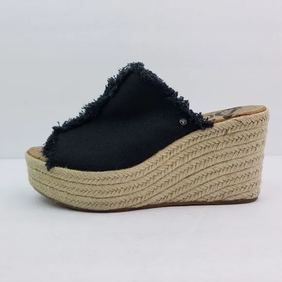 Sam Edelman Womens Size 7.5 Black Canvas Wedge Espadrille Sandals Shoes