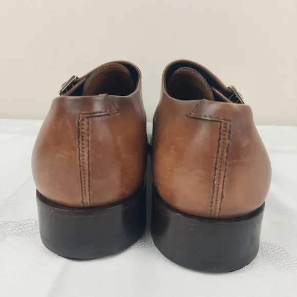 Santoni Double Monk Strap Shoes 11.5 Burnished Brown Leather Gold Buckle