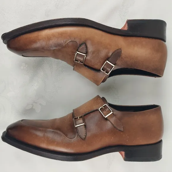 Santoni Double Monk Strap Shoes 11.5 Burnished Brown Leather Gold Buckle