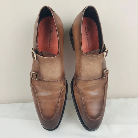 Santoni Double Monk Strap Shoes 11.5 Burnished Brown Leather Gold Buckle