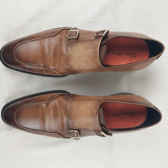 Santoni Double Monk Strap Shoes 11.5 Burnished Brown Leather Gold Buckle