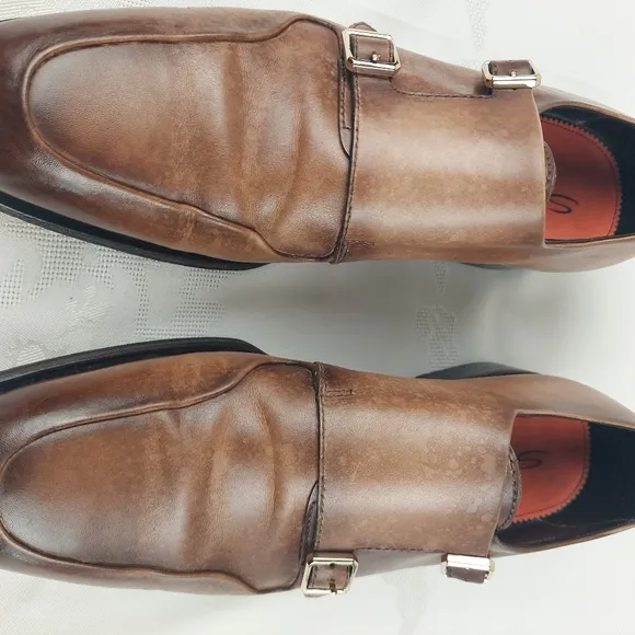 Santoni Double Monk Strap Shoes 11.5 Burnished Brown Leather Gold Buckle