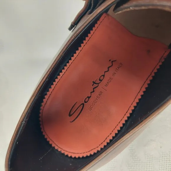 Santoni Double Monk Strap Shoes 11.5 Burnished Brown Leather Gold Buckle
