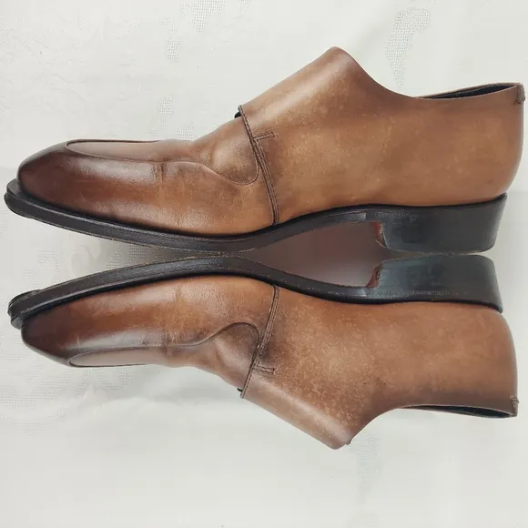 Santoni Double Monk Strap Shoes 11.5 Burnished Brown Leather Gold Buckle