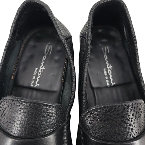 Santoni Italy Soft Black Deerskin Mens size 10.5 Paine Strap Loafers Dress Shoes