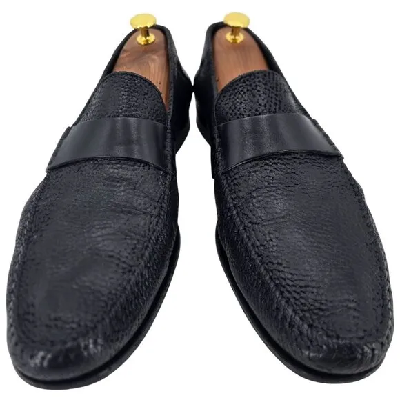 Santoni Italy Soft Black Deerskin Mens size 10.5 Paine Strap Loafers Dress Shoes