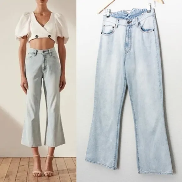 Shona Joy Cortona High Waist Rise Cropped Flared Denim Jean Light Blue 4 $280