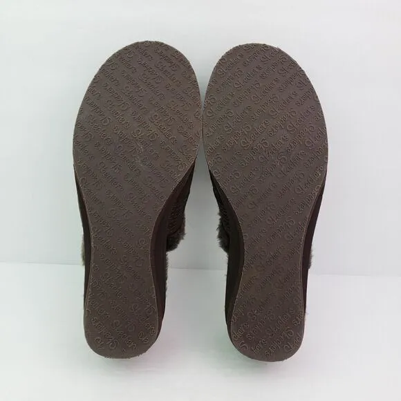 Skechers Cali Womens Size 8.5 Brown Suede Slip On Faux Fur Wedge Mule Shoes