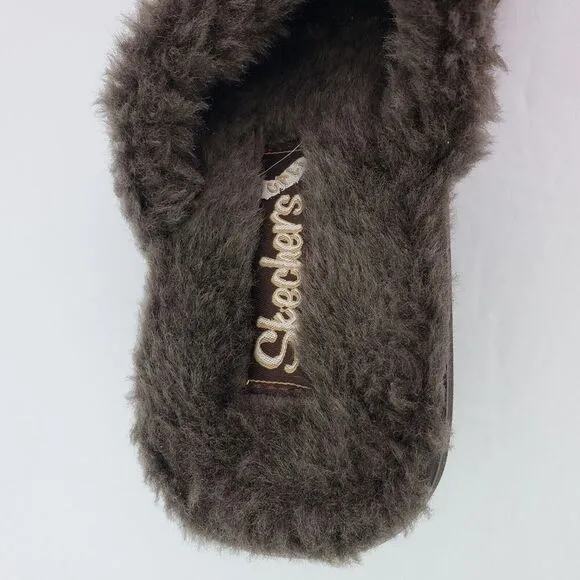 Skechers Cali Womens Size 8.5 Brown Suede Slip On Faux Fur Wedge Mule Shoes