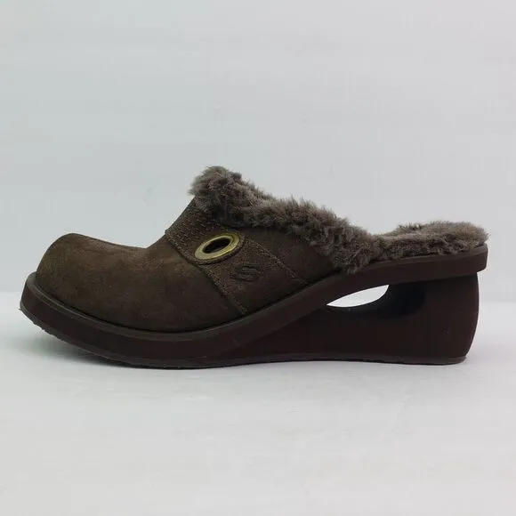 Skechers Cali Womens Size 8.5 Brown Suede Slip On Faux Fur Wedge Mule Shoes