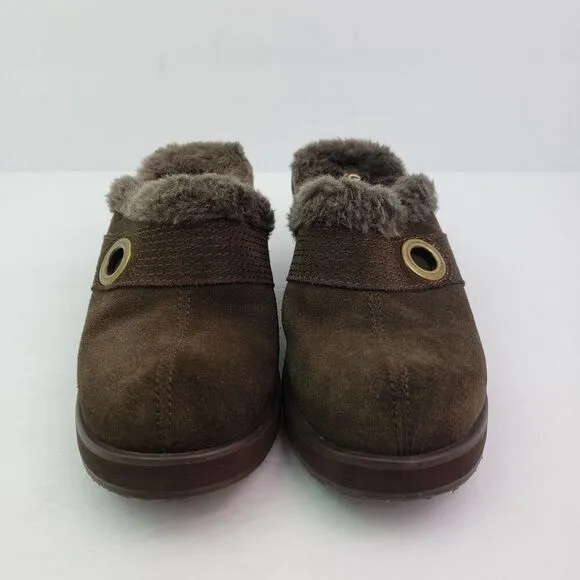 Skechers Cali Womens Size 8.5 Brown Suede Slip On Faux Fur Wedge Mule Shoes
