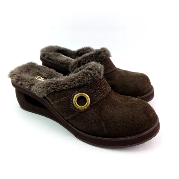 Skechers Cali Womens Size 8.5 Brown Suede Slip On Faux Fur Wedge Mule Shoes