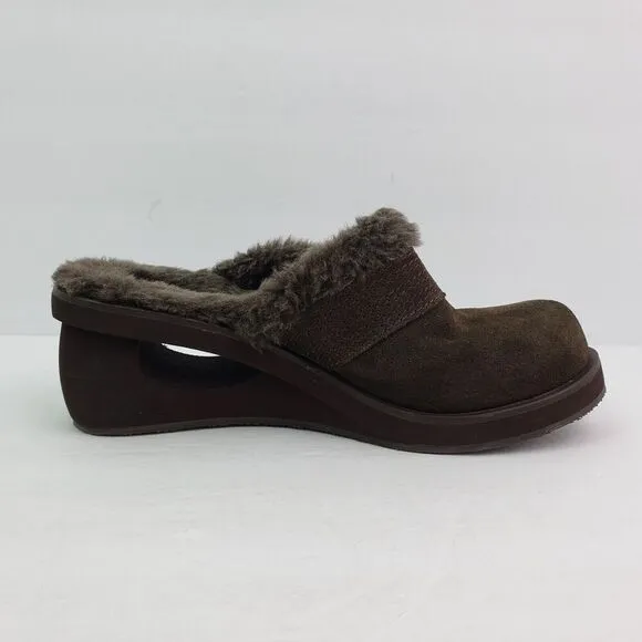 Skechers Cali Womens Size 8.5 Brown Suede Slip On Faux Fur Wedge Mule Shoes