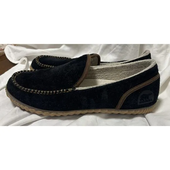SOREL Slipper Mens 12 Black Brown Dude Moc Suede Faux Fur House Shoes Moccasin