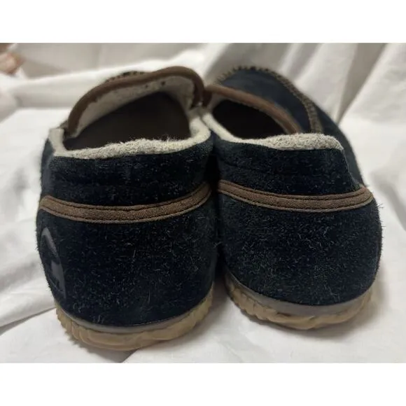 SOREL Slipper Mens 12 Black Brown Dude Moc Suede Faux Fur House Shoes Moccasin