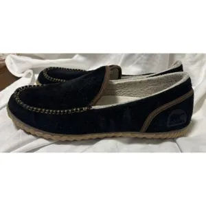 SOREL Slipper Mens 12 Black Brown Dude Moc Suede Faux Fur House Shoes Moccasin