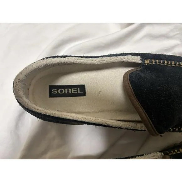 SOREL Slipper Mens 12 Black Brown Dude Moc Suede Faux Fur House Shoes Moccasin