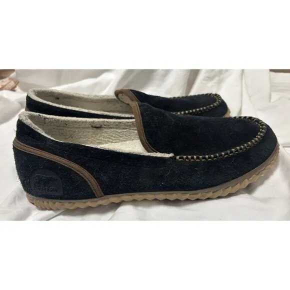 SOREL Slipper Mens 12 Black Brown Dude Moc Suede Faux Fur House Shoes Moccasin