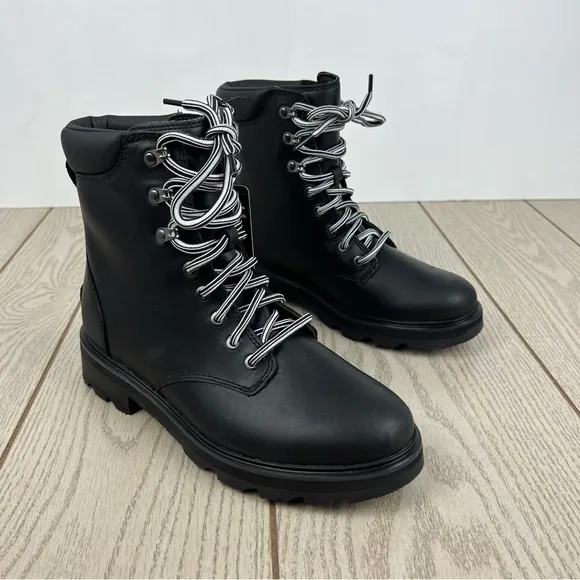 Sorel Women's Lennox Leather Lace-Up STKD WP Boots US9 Black / Sea Salt $190
