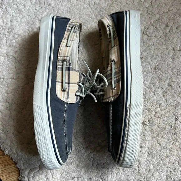 Sperry Mens Original Solid Blue and Tan Plaid Cream/Cement Colored Loafers