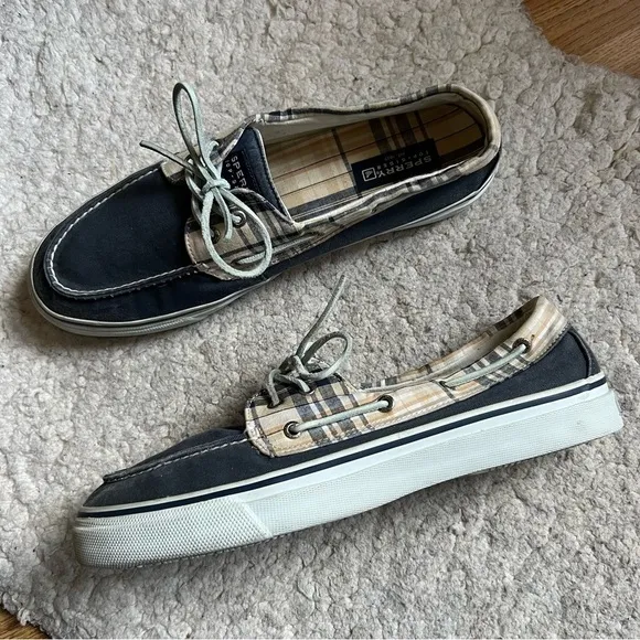 Sperry Mens Original Solid Blue and Tan Plaid Cream/Cement Colored Loafers