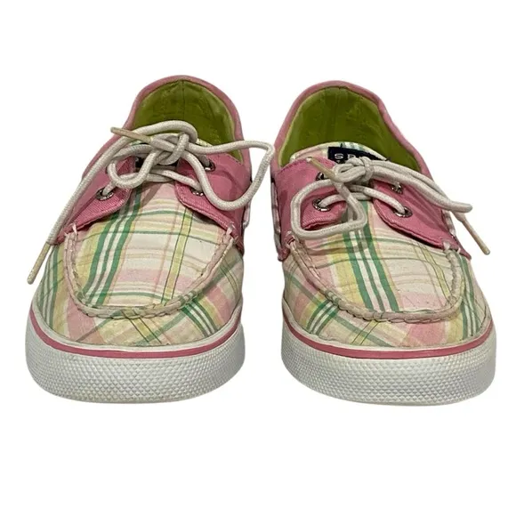 Sperry Preppy Green White Pink Plaid Boat Shoes - VGC - Women’s 9.5