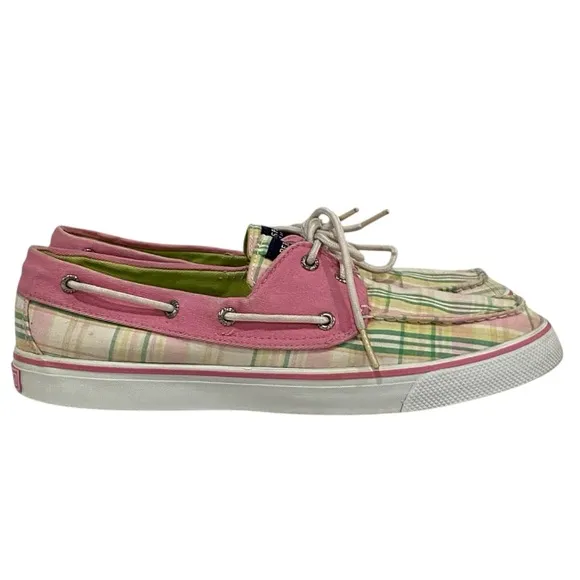 Sperry Preppy Green White Pink Plaid Boat Shoes - VGC - Women’s 9.5