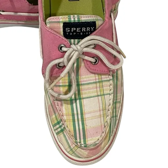 Sperry Preppy Green White Pink Plaid Boat Shoes - VGC - Women’s 9.5