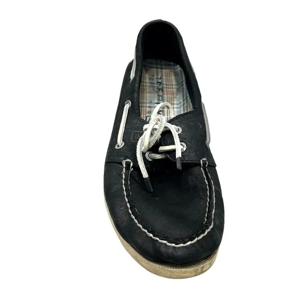 SPERRY TOP-SIDER A/O 2-EYE BLACK LEATHER WITH WHITE LACES AND SOLE BOAT SHOES