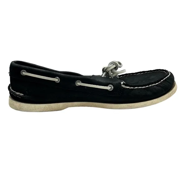 SPERRY TOP-SIDER A/O 2-EYE BLACK LEATHER WITH WHITE LACES AND SOLE BOAT SHOES