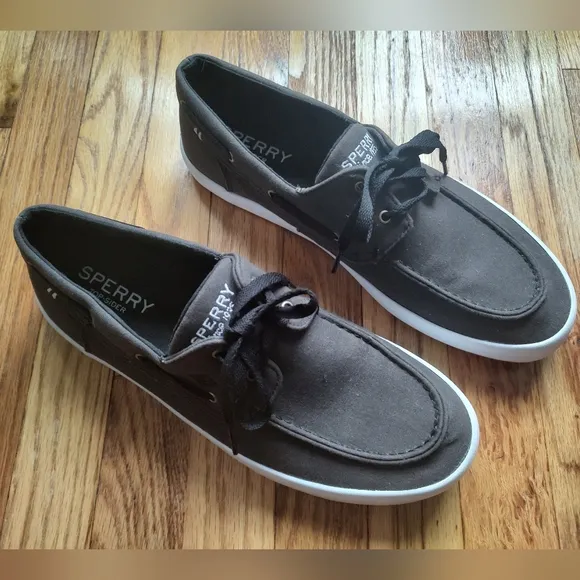 Sperry Top Sider Boat Shoes Sneakers Fabric Brown Lace Up Black Logo Slip On 12