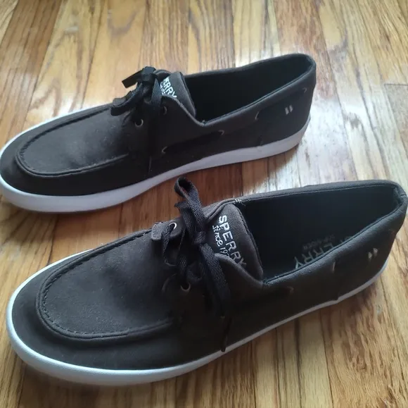 Sperry Top Sider Boat Shoes Sneakers Fabric Brown Lace Up Black Logo Slip On 12