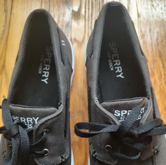 Sperry Top Sider Boat Shoes Sneakers Fabric Brown Lace Up Black Logo Slip On 12