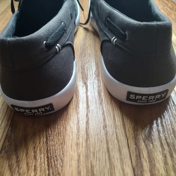 Sperry Top Sider Boat Shoes Sneakers Fabric Brown Lace Up Black Logo Slip On 12