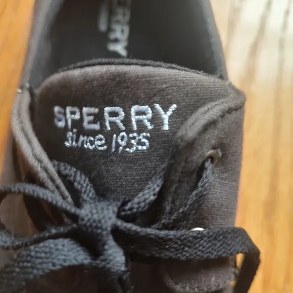 Sperry Top Sider Boat Shoes Sneakers Fabric Brown Lace Up Black Logo Slip On 12
