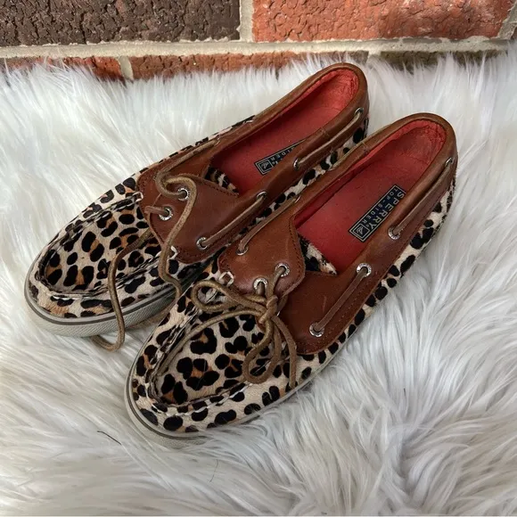 Sperry Top Sider Cheetah Print Faux Hair Lace Up Boat Shoes