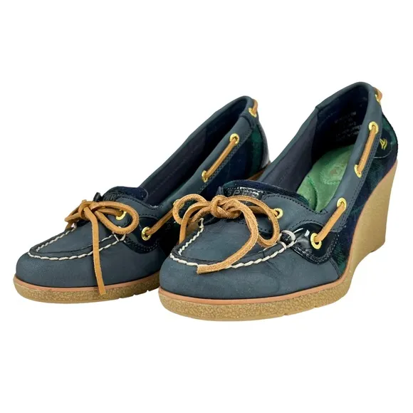 Sperry Top-Sider | Goldfish Navy &amp; Green Plaid Wedge Heels Boat Shoes Women’s 6M