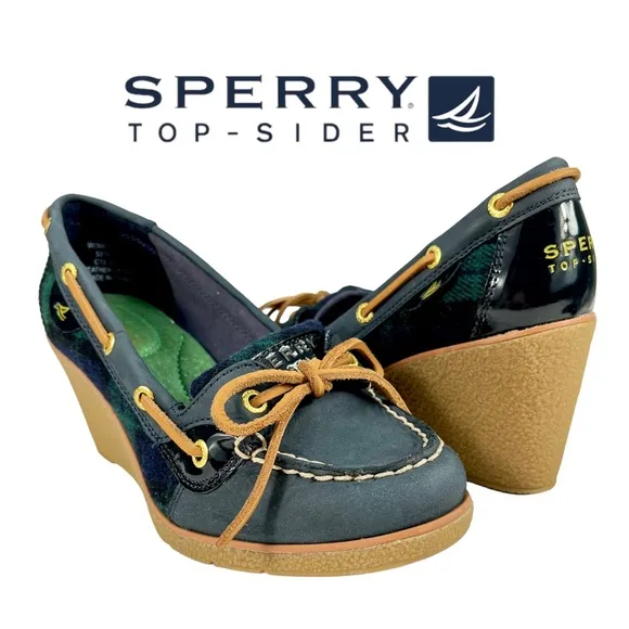 Sperry Top-Sider | Goldfish Navy &amp; Green Plaid Wedge Heels Boat Shoes Women’s 6M