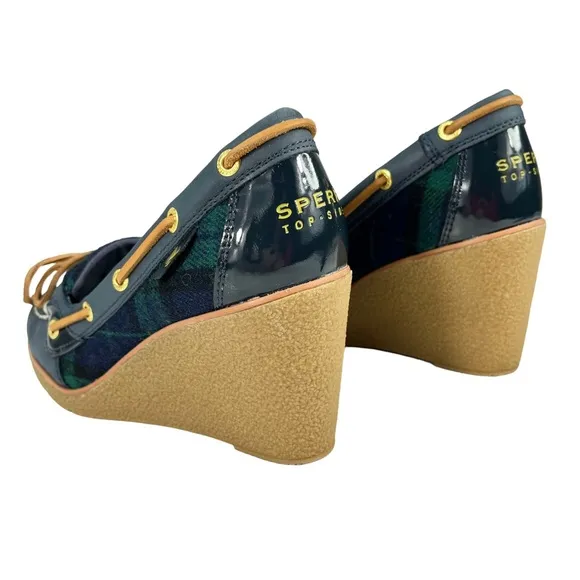 Sperry Top-Sider | Goldfish Navy &amp; Green Plaid Wedge Heels Boat Shoes Women’s 6M