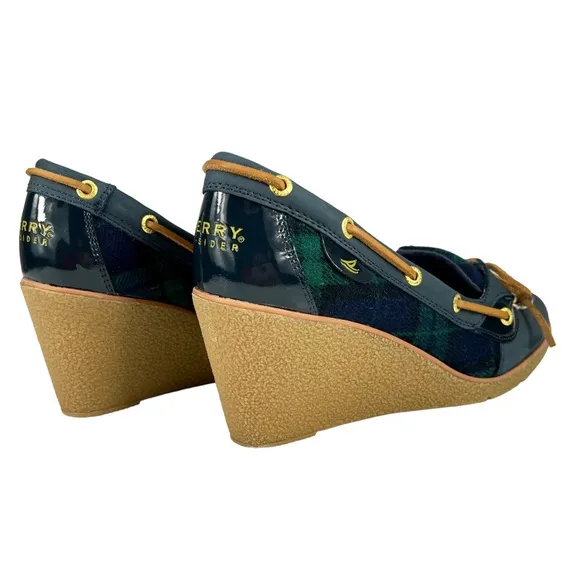 Sperry Top-Sider | Goldfish Navy &amp; Green Plaid Wedge Heels Boat Shoes Women’s 6M