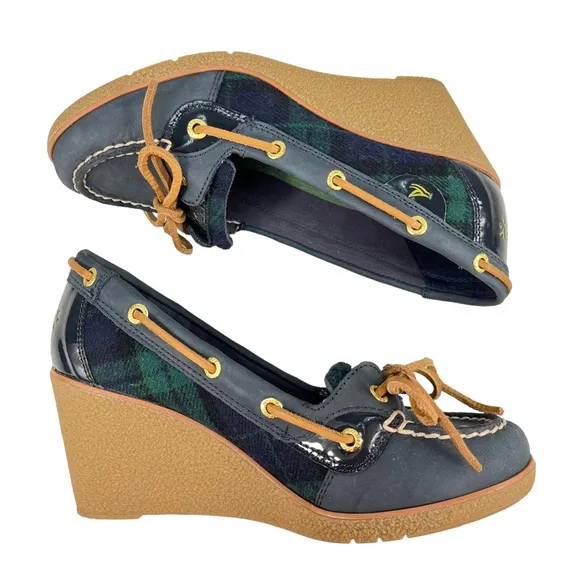 Sperry Top-Sider | Goldfish Navy &amp; Green Plaid Wedge Heels Boat Shoes Women’s 6M