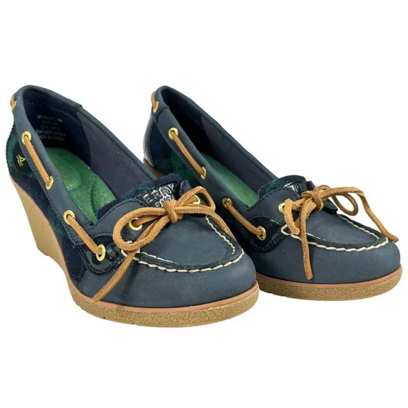 Sperry Top-Sider | Goldfish Navy &amp; Green Plaid Wedge Heels Boat Shoes Women’s 6M