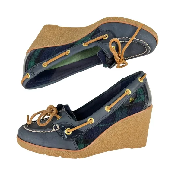 Sperry Top-Sider | Goldfish Navy &amp; Green Plaid Wedge Heels Boat Shoes Women’s 6M