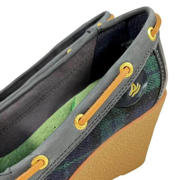 Sperry Top-Sider | Goldfish Navy &amp; Green Plaid Wedge Heels Boat Shoes Women’s 6M
