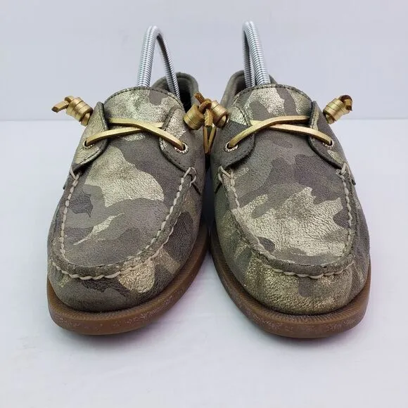 Sperry Top Sider Womens Size 10 Green Gold Camo Leather Slip On Loafer Boat Shoe