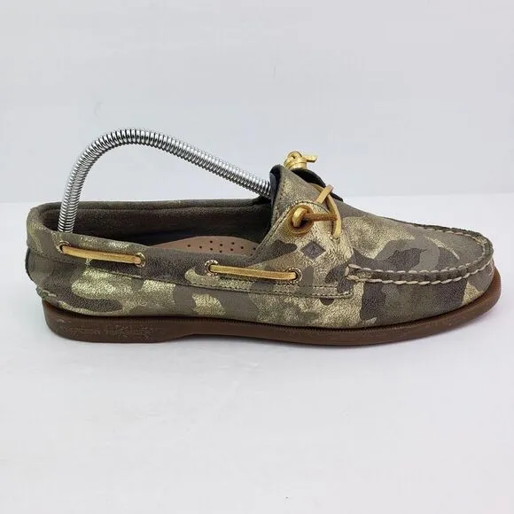 Sperry Top Sider Womens Size 10 Green Gold Camo Leather Slip On Loafer Boat Shoe