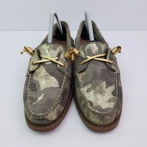 Sperry Top Sider Womens Size 10 Green Gold Camo Leather Slip On Loafer Boat Shoe